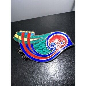 Vintage Tara Ware Irish Celtic Enamel Bird Brooch Pin Signed Red Green